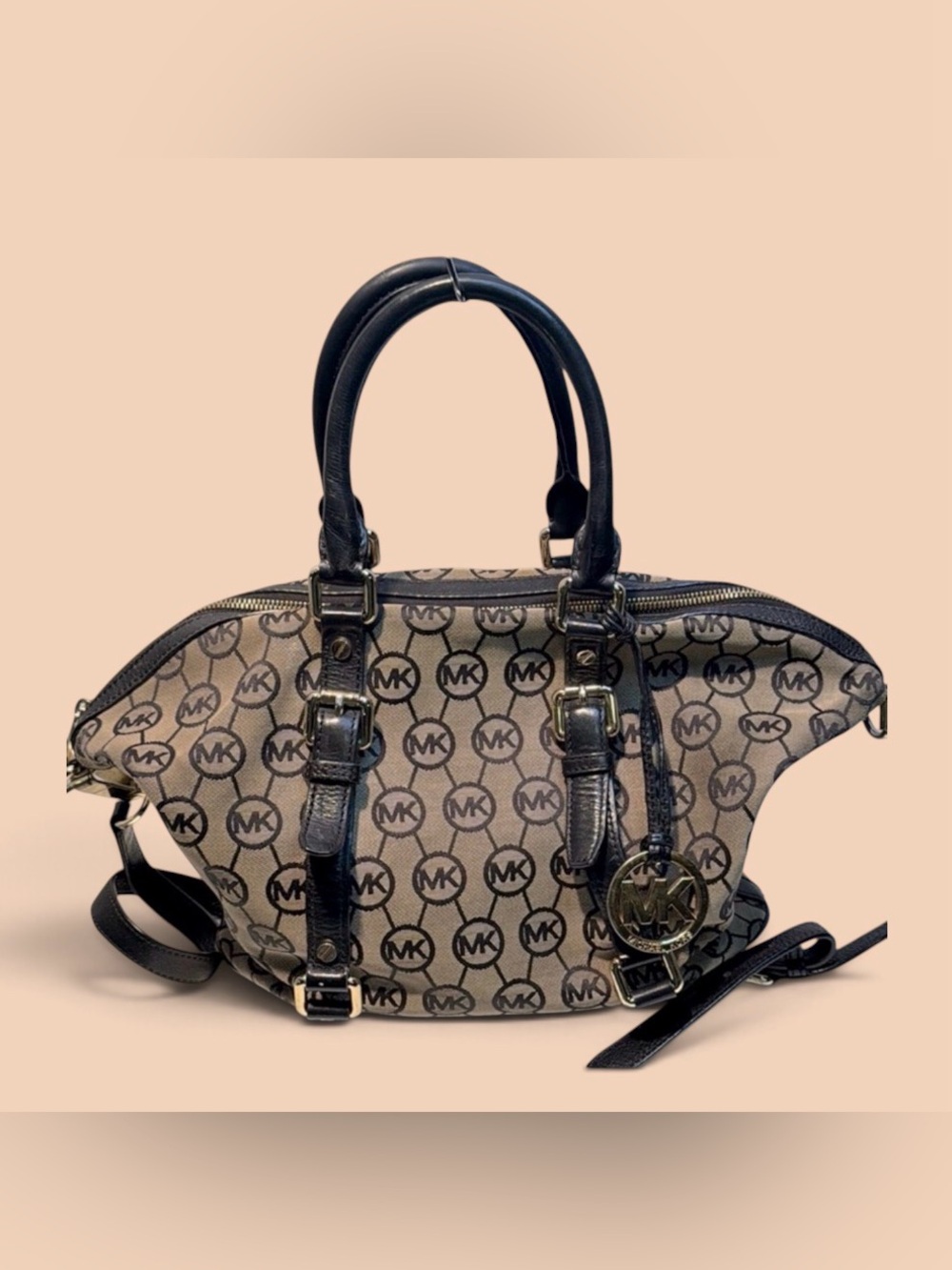 Michael Kors Brown and Black Satchel with Monogram Print